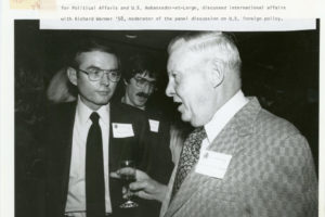 Left to right, Dick Warmer '58, Dave Thompson '62, and U. Alexis Johnson '31 at an alumni gathering in Washington D.C. in December 1980